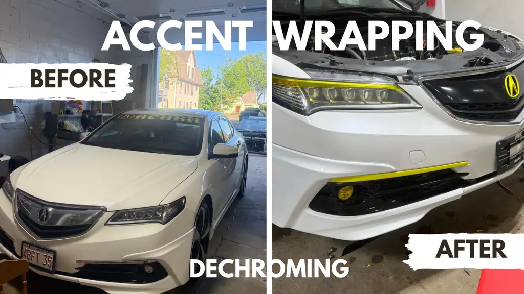Before and after of an Acura TLX, chrome trim replaced with dark accent vinyl by Rook Auto Customs