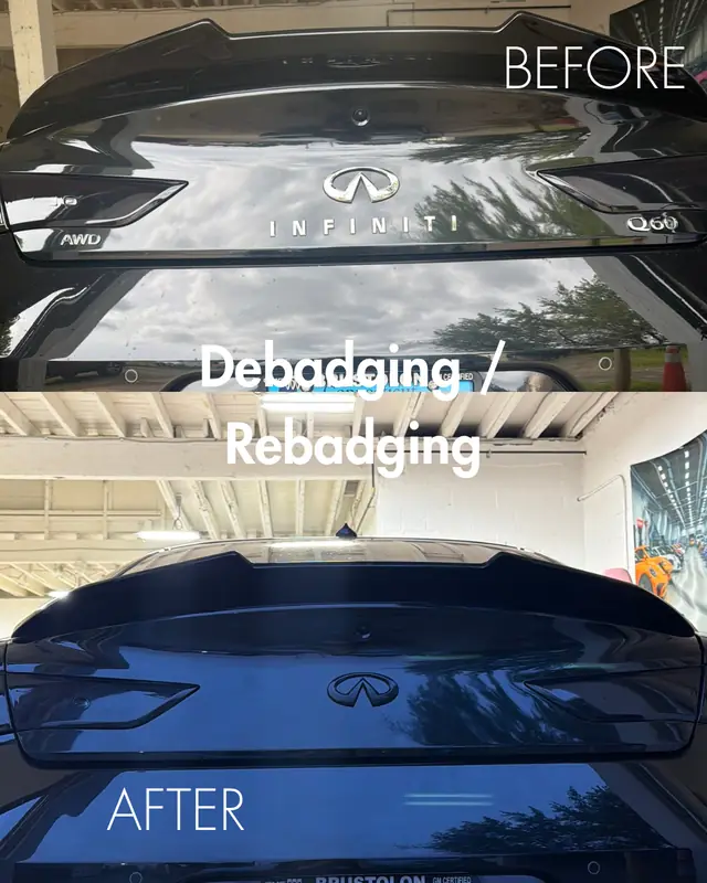 Before and after of an Infiniti Q60 rear badge, debadged and rebadged by Rook Auto Customs
