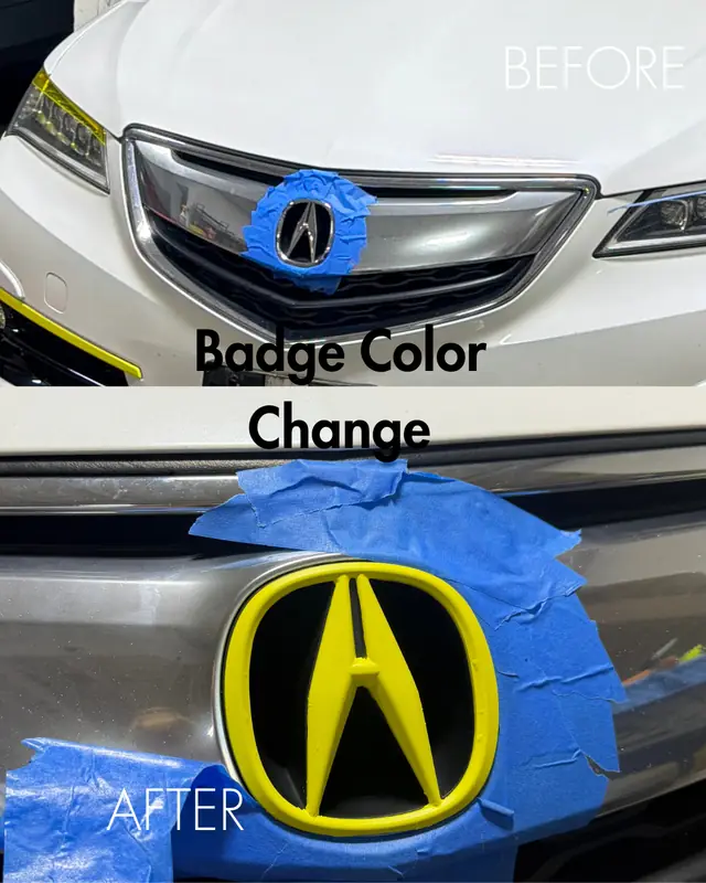 Before and after of a badge color change to yellow on an Acura