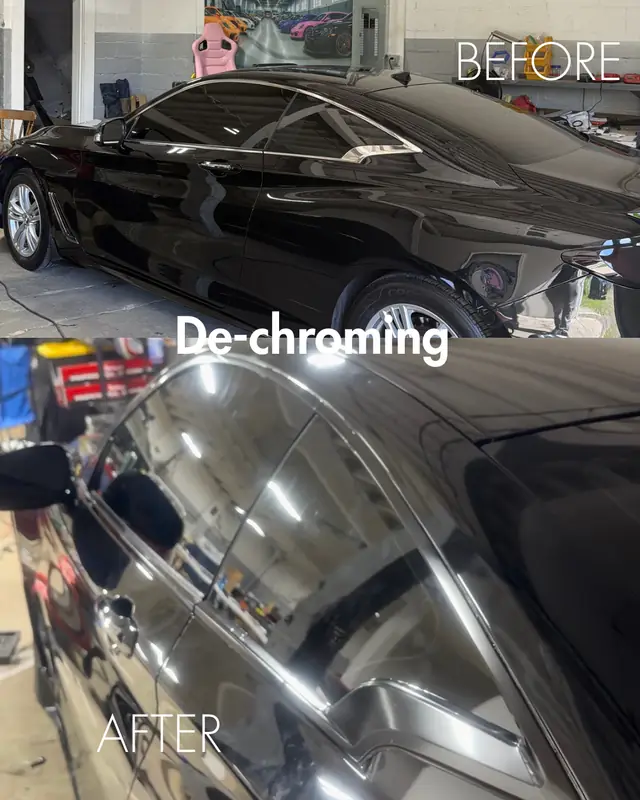 Before and after of a Mercedes coupe window surround, chrome trim replaced with dark vinyl by Rook Auto Customs