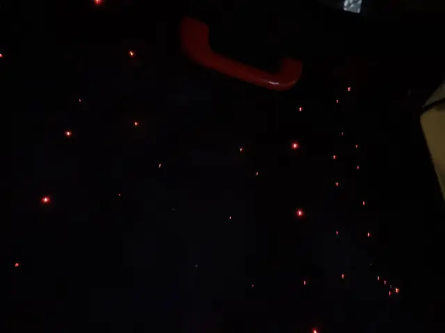 Red suede starlight headliner with a star field visible across the roof