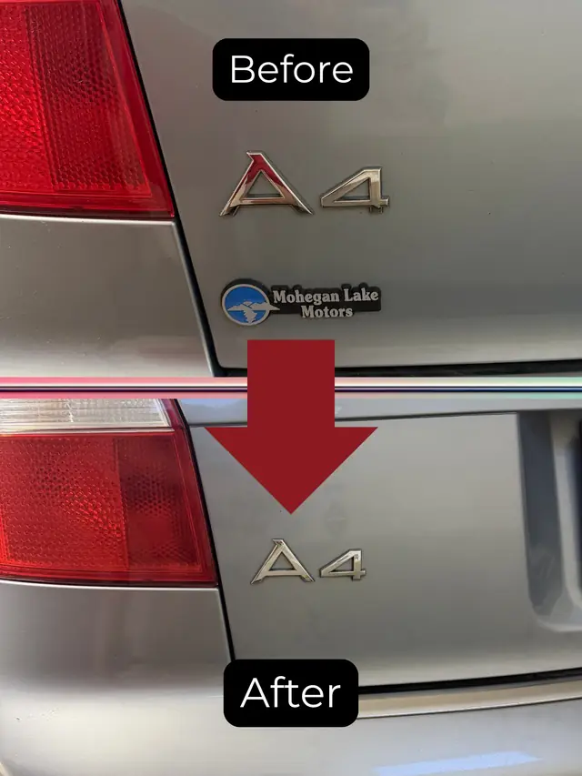 Before and after of an Audi A4 tailgate with the dealer badge removed by Rook Auto Customs